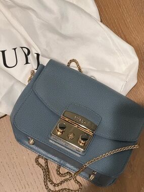 Furla Dusty Blue Leather Crossbody with Gold Hardware